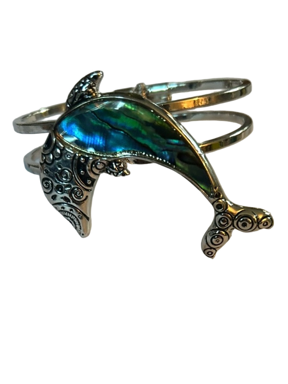 Silver Dolphin Cuff Bracelet with Iridescent Blue-Green Inlay